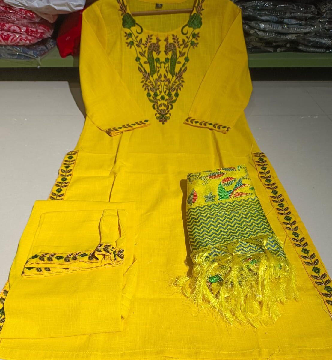 Kurta With  Heavy  Embroidery, Afghani Pants & Malmal Dupatta