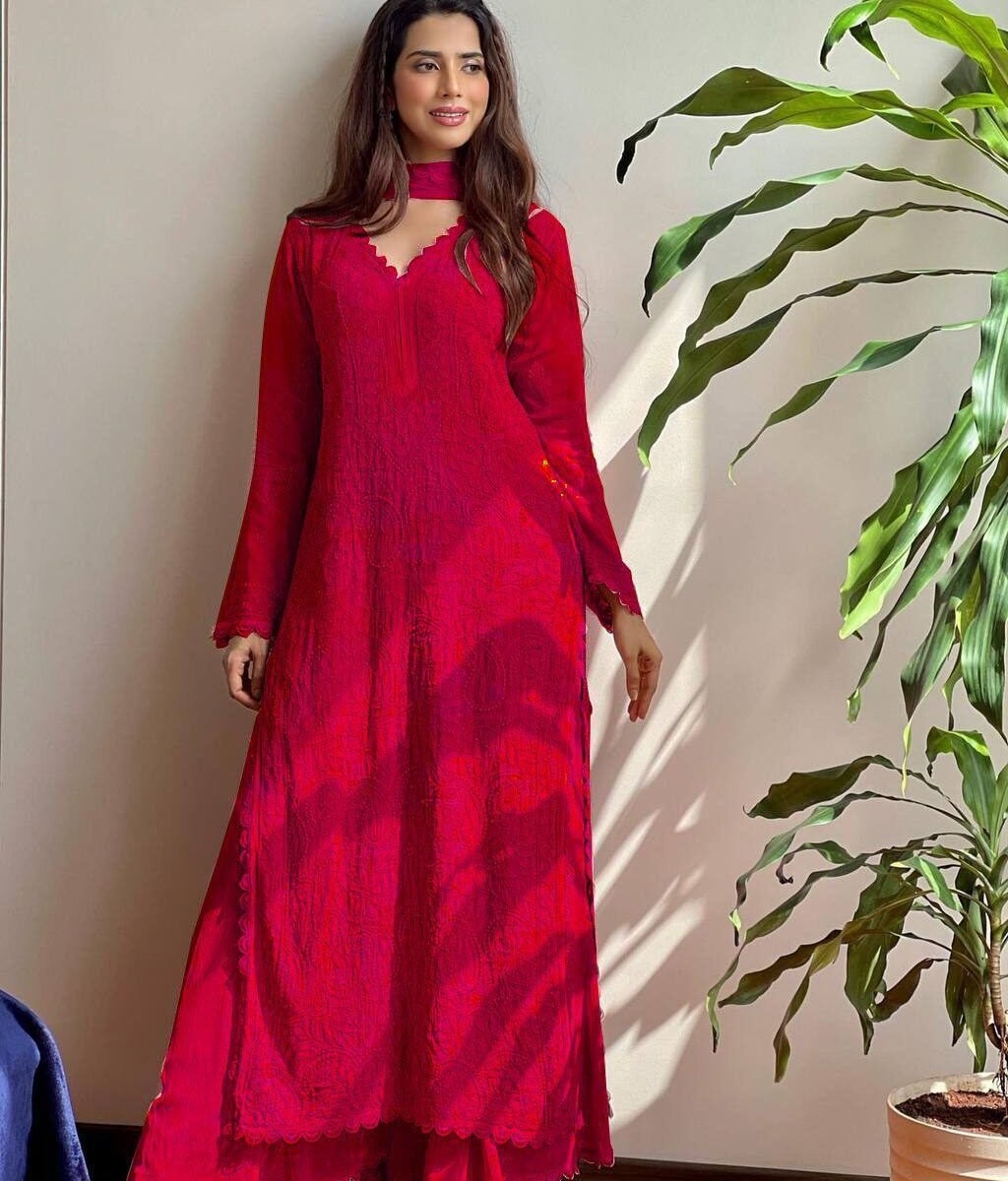 FAUX GEORGETTE TOP COTTON THREAD EMBROIDERED WORK AND WORK PLAZO WITH DUPATTA