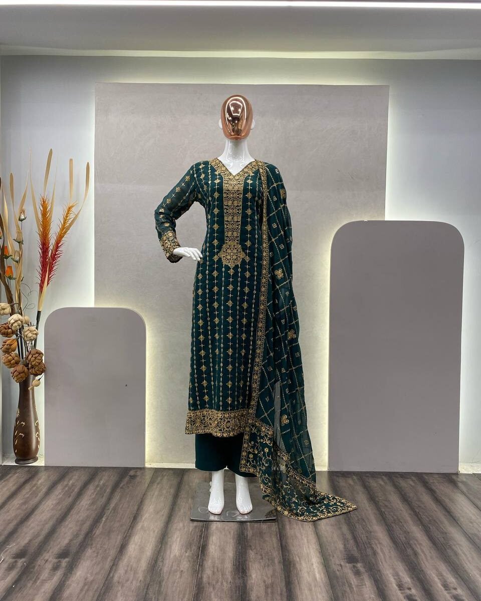 FAUX GEORGETTE SEQUANCE EMBROIDERY WORK SUIT WITH STITCHED PANT AND DUPATTA