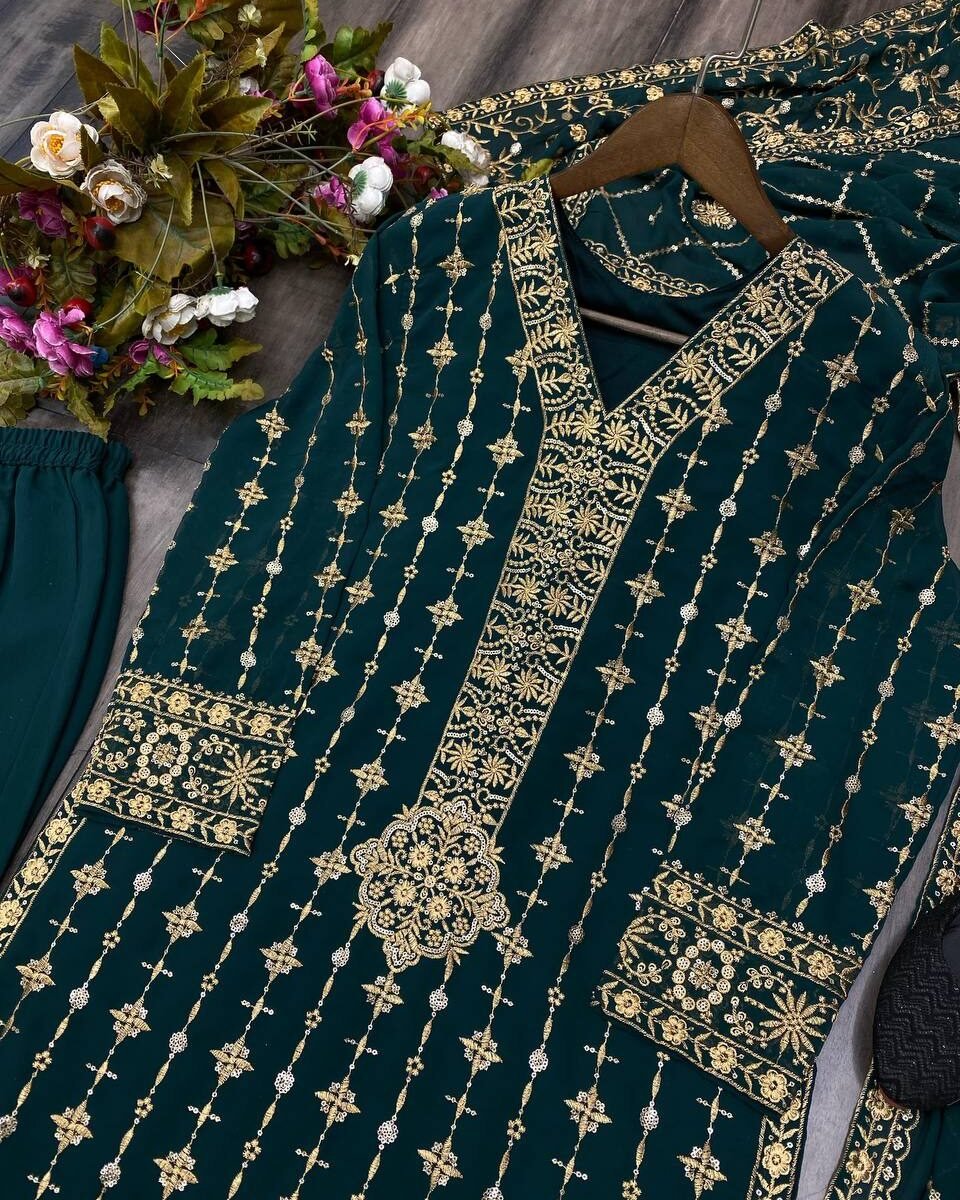FAUX GEORGETTE SEQUANCE EMBROIDERY WORK SUIT WITH STITCHED PANT AND DUPATTA