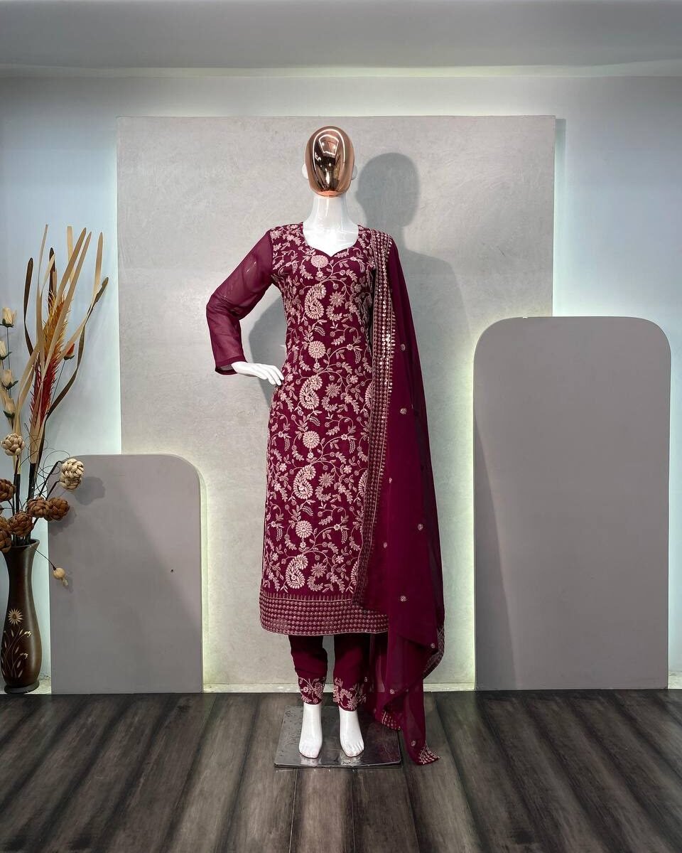 DESIGNER WEAR TRENDING FAUX GEORGETTE TOP WITH SEQUANCE EMBROIDERED WORK AND WORK PANT WITH DUPATTA