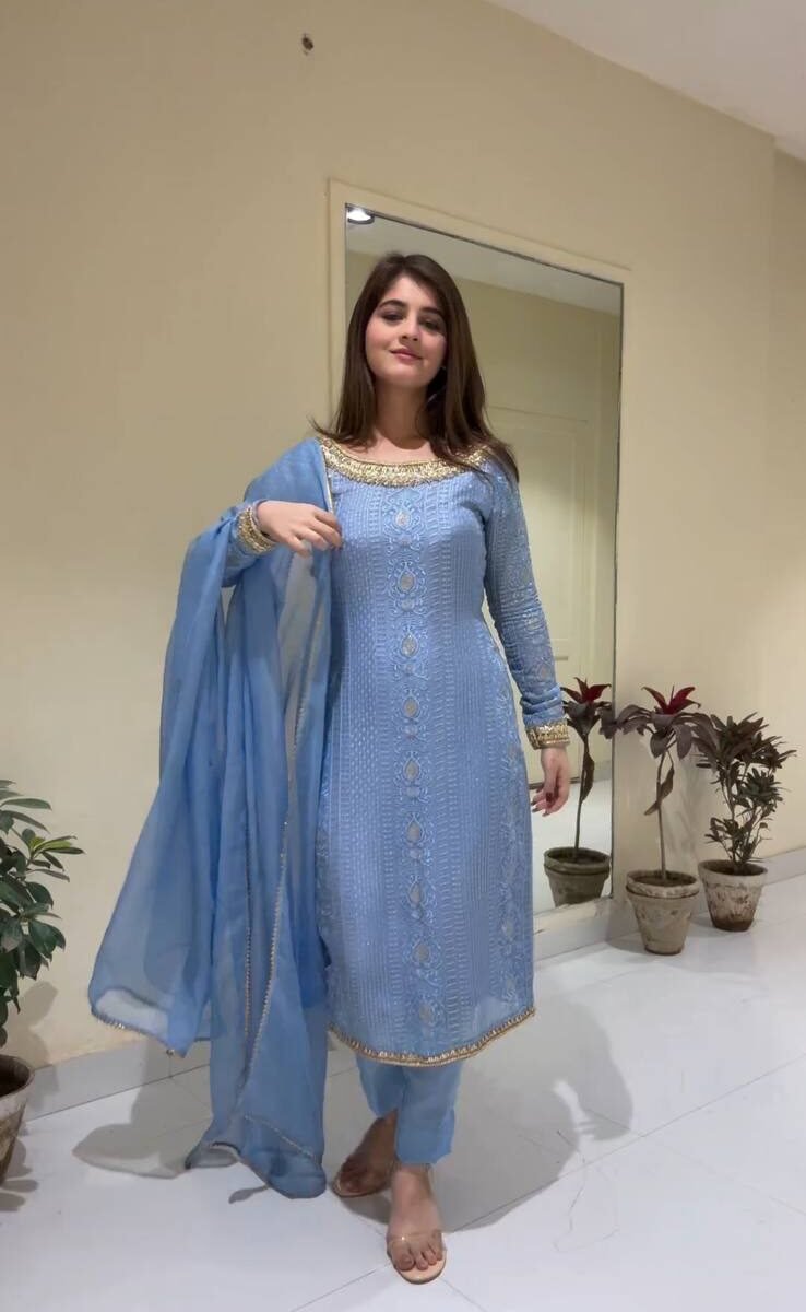 DESIGNER WEAR TRENDING FAUX GEORGETTE TOP WITH COTTON THREAD tv EMBROIDERED WORK AND PANT WITH DUPATTA