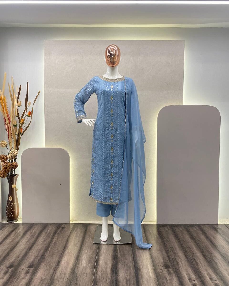 DESIGNER WEAR TRENDING FAUX GEORGETTE TOP WITH COTTON THREAD tv EMBROIDERED WORK AND PANT WITH DUPATTA