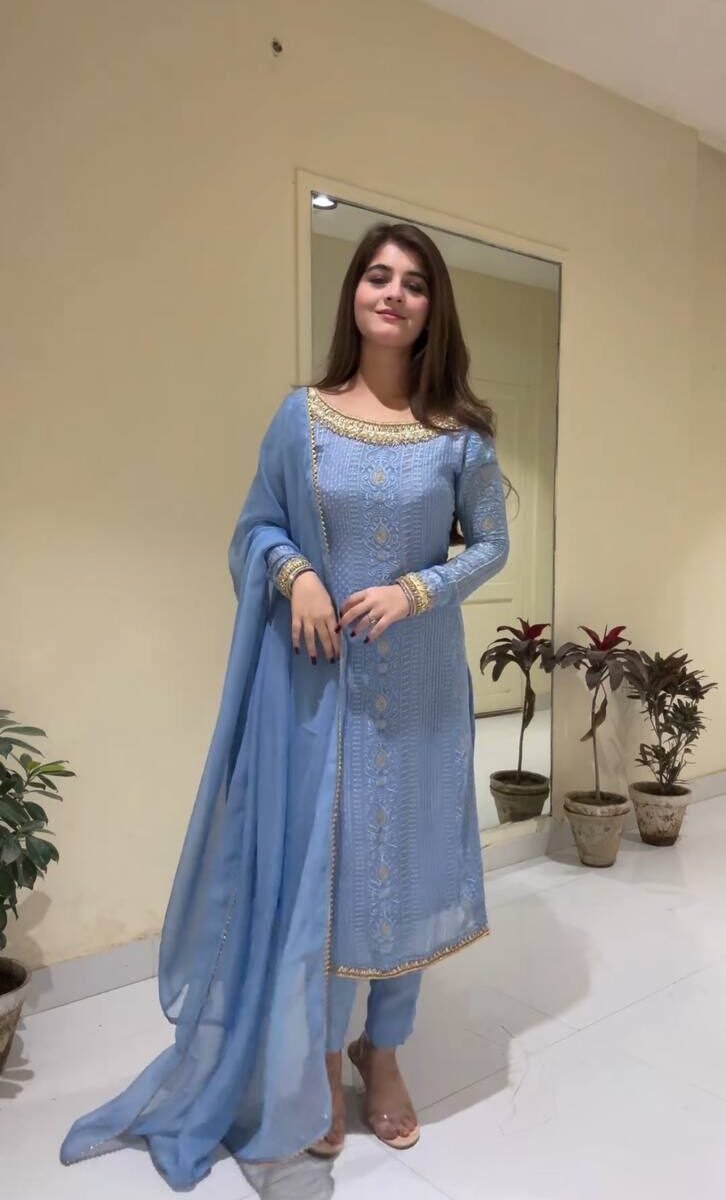 DESIGNER WEAR TRENDING FAUX GEORGETTE TOP WITH COTTON THREAD tv EMBROIDERED WORK AND PANT WITH DUPATTA