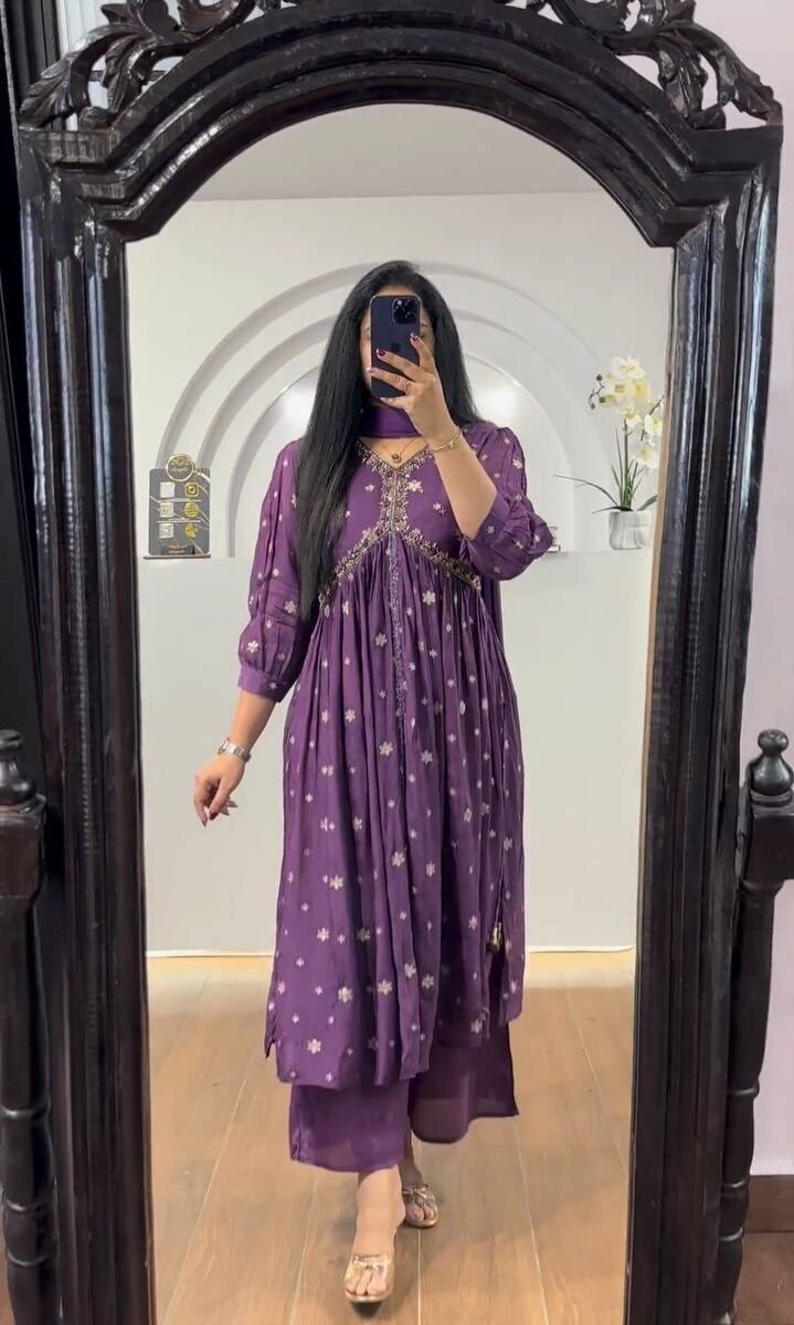 TRENDING CHINON WITH SEQUNCE EMBROIDERY AND PRINTED ALIYA CUT SUIT WITH PANT & DUPATTA
