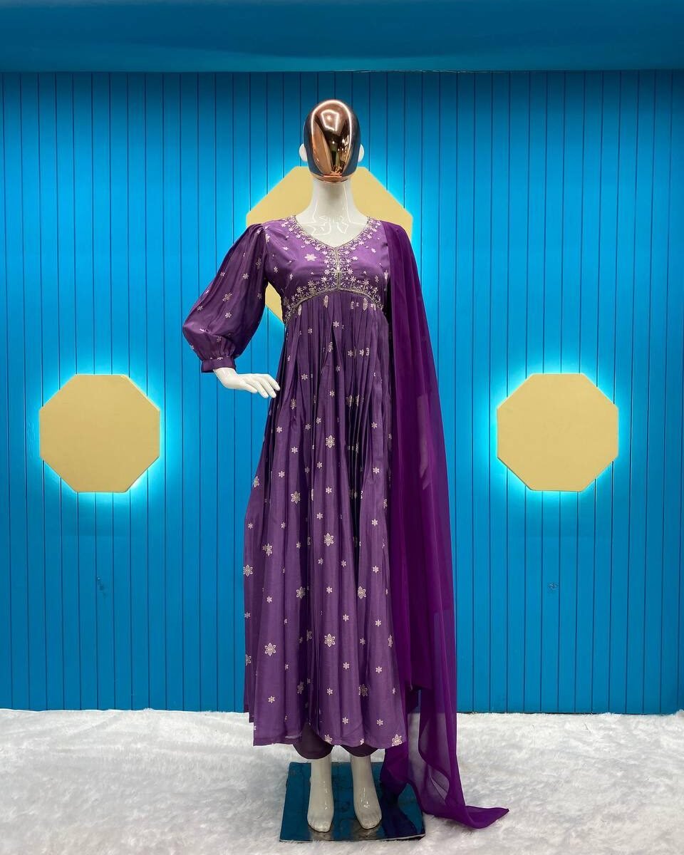 TRENDING CHINON WITH SEQUNCE EMBROIDERY AND PRINTED ALIYA CUT SUIT WITH PANT & DUPATTA